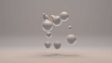 Beyaz arkaplanda 3 boyutlu inci damlaları. Uzayda beyaz sıvı damlaları ve ağırlıksızlık birbirleriyle birleşir. Soyut, geleceksel tasarım beyaz arkaplanda izole edildi.