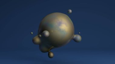 Sıvı altının 3D görüntüsü. Büyük küre küçük ile birleşir. Karanlık bir yansıtıcı arka planda fütüristik tasarımın bileşimi. Masaüstü arkaplan resimleri için fikir.