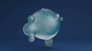 3D sıvı, su. Büyük küre küçük ile birleşir. Karanlık bir yansıtıcı arka planda fütüristik tasarımın bileşimi. Masaüstü arkaplan resimleri için fikir.