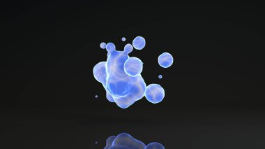 Siyah arka planda üç boyutlu aydınlatma damlacıkları. Uzayda mavi sıvı damlaları ve ağırlıksızlık birbirleriyle birleşir. Soyut, fütüristik tasarım siyah, yansıtıcı arka planda izole.