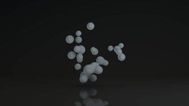 3D rendering of luminous droplets on a black background. Drops of white liquid in space and weightlessness merge with each other. Abstract, futuristic design isolated on black, reflective background. clipart