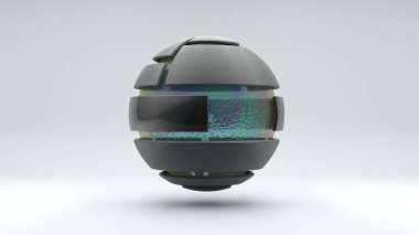 Çok sayıda segmentten oluşan büyük bir metal kürenin 3D görüntülenmesi. Kürenin içinde yanardöner yüzeyi ve sıvısı olan büyük şeffaf bir top var. Fütürist tasarım elementi, geometrik soyutlama.