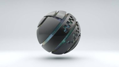 Çok sayıda segmentten oluşan büyük bir metal kürenin 3D görüntülenmesi. Kürenin içinde yanardöner yüzeyi ve sıvısı olan büyük şeffaf bir top var. Fütürist tasarım elementi, geometrik soyutlama.