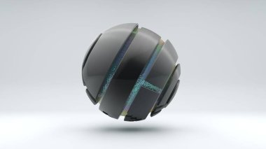 Çok sayıda segmentten oluşan büyük bir metal kürenin 3D görüntülenmesi. Kürenin içinde yanardöner yüzeyi ve sıvısı olan büyük şeffaf bir top var. Fütürist tasarım elementi, geometrik soyutlama.