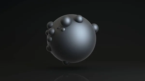 3D ztvárnění velké koule a mnoha malých ponořených do povrchu velké. Abstraktní obraz kulovitých postav na tmavém reflexním pozadí. Myšlenka na futuristické skladby. — Stock fotografie