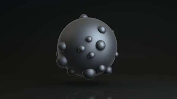 三维渲染一个大球体，许多小球体沉浸在一个大球体的表面。 在暗反射背景上的球面图像. 关于未来主义构图的想法. — 图库照片