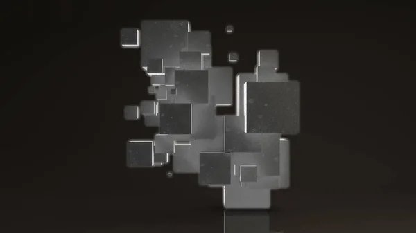 3D візуалізація багатьох світяться кубиків на білому тлі. Кубики розташовані випадково, різних розмірів. Футуристичний образ для абстрактних і футуристичних композицій, ідея хаосу і порядку . — стокове фото