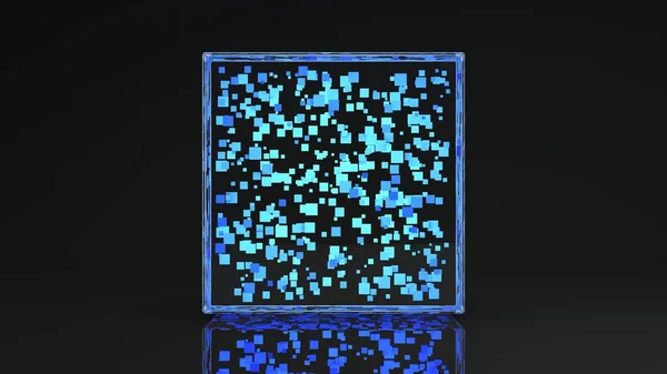3D візуалізація великого скляного кубика і багатьох маленьких кубиків, що заповнюють великий. Об'єкт ізольовано на темному відбиваючому фоні . — стокове фото