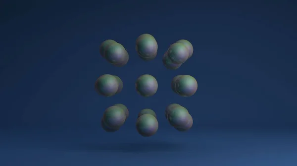 3D image of a set of gasoline balls on a blue background arranged in a strict geometric sequence. The idea of a crystal atomic lattice. 3D rendering of abstract background. — ストック写真