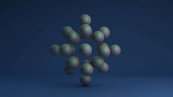 Imagen 3D de un conjunto de bolas de gasolina sobre un fondo azul dispuestas en una estricta secuencia geométrica. La idea de una celosía atómica de cristal. Representación 3D de fondo abstracto . — Foto de Stock