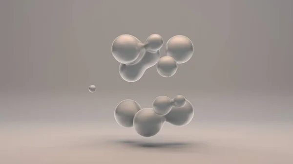 3D renderização de gotas de pérola em um fundo branco. Gotas de líquido branco no espaço e sem peso se fundem umas com as outras. Abstrato, design futurista isolado sobre fundo branco . — Fotografia de Stock
