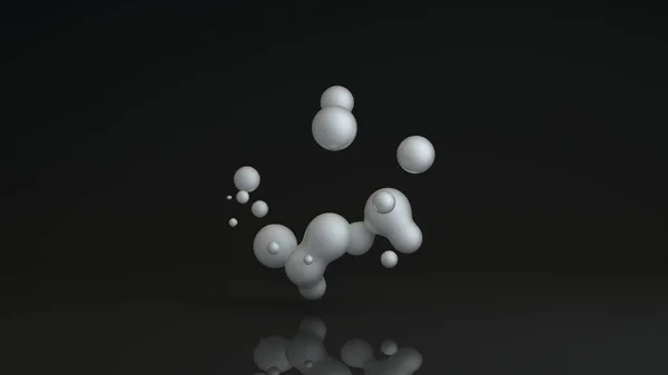 3D візуалізація яскравих крапель на чорному тлі. Краплі білої рідини в просторі і невагомості зливаються між собою. Абстрактний, футуристичний дизайн ізольований на чорному, відбиваючому фоні . — стокове фото