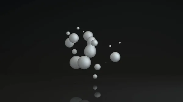 Renderização 3D de gotículas luminosas em um fundo preto. Gotas de líquido branco no espaço e sem peso se fundem umas com as outras. Abstrato, design futurista isolado em preto, fundo reflexivo . — Fotografia de Stock