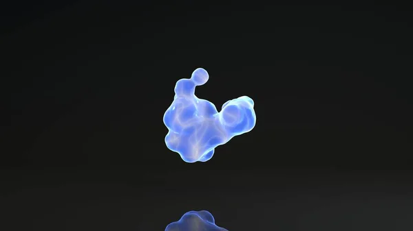 Renderização 3D de gotículas luminosas em um fundo preto. Gotas de líquido azul no espaço e sem peso se fundem umas com as outras. Abstrato, design futurista isolado em preto, fundo reflexivo . — Fotografia de Stock