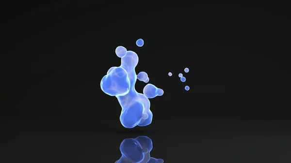 Renderização 3D de gotículas luminosas em um fundo preto. Gotas de líquido azul no espaço e sem peso se fundem umas com as outras. Abstrato, design futurista isolado em preto, fundo reflexivo . — Fotografia de Stock