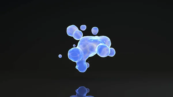 在黑色背景上呈现明亮的液滴3D 。 空间中的蓝色液体滴和失重混合在一起。 摘要在黑色、反光背景上孤立的未来主义设计. — 图库照片