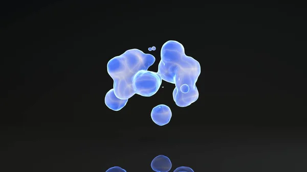 3d weergave van lichtgevende druppels op een zwarte achtergrond. Druppels blauwe vloeistof in de ruimte en gewichtloosheid smelten samen. Abstract, futuristisch ontwerp geïsoleerd op zwarte, reflecterende achtergrond. — Stockfoto