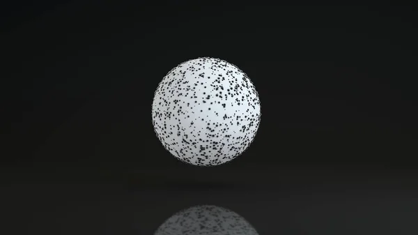 3D изображение большой белой сферы на черном отражающем фоне. Белая поверхность сферы покрыта множеством мелких чёрных точек. 3D рендеринг для абстрактных композиций. — стоковое фото