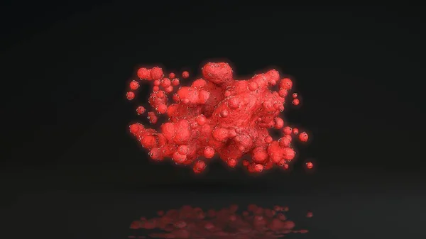 3D-Darstellung einer Wolke aus vielen Tropfen roter Flüssigkeit, Blutzellen. Die Tropfen sind mit schwarzen Punkten von Viren bedeckt. die Idee von Gesundheit und Medizin. — Stockfoto