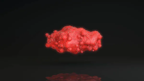 3D-Darstellung einer Wolke aus vielen Tropfen roter Flüssigkeit, Blutzellen. Die Tropfen sind mit schwarzen Punkten von Viren bedeckt. die Idee von Gesundheit und Medizin. — Stockfoto