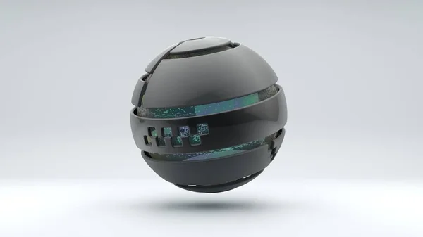 3d weergave van een grote metalen bol bestaande uit vele segmenten. In de bol zit een grote transparante bal met een iriserend oppervlak, vloeibaar. Elementen van futuristisch ontwerp, geometrische abstractie. — Stockfoto