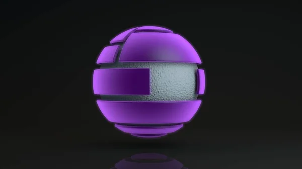 Rendu 3D d'une grande sphère violette composée de nombreux segments. À l'intérieur de la sphère lumineuse se trouve une boule métallique avec une surface ondulée, un liquide. Élément de design futuriste, abstraction géométrique . — Photo