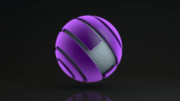 3D-s renderelés egy nagy lila gömb, amely sok szegmensben. A ragyogó gömb belsejében van egy fémgolyó hullámos felülettel, egy folyadék. A futurisztikus tervezés eleme, geometriai absztrakció. — Stock Fotó