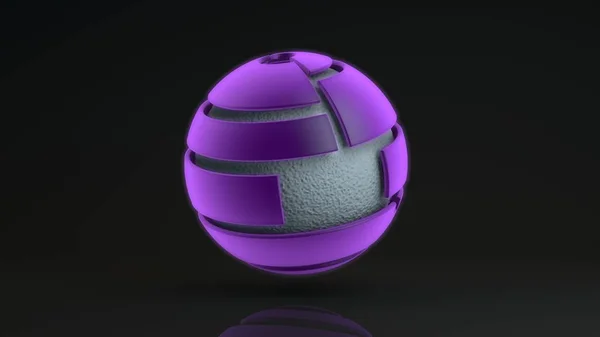 Representación 3D de una gran esfera púrpura que consta de muchos segmentos. Dentro de la esfera resplandeciente hay una bola de metal con una superficie corrugada, un líquido. Elemento de diseño futurista, abstracción geométrica . —  Fotos de Stock