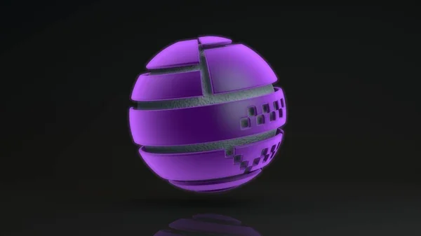 3D-Darstellung einer großen lila Kugel, die aus vielen Segmenten besteht. In der glühenden Kugel befindet sich eine Metallkugel mit einer gewellten Oberfläche, einer Flüssigkeit. Element futuristischen Designs, geometrischer Abstraktion. — Stockfoto