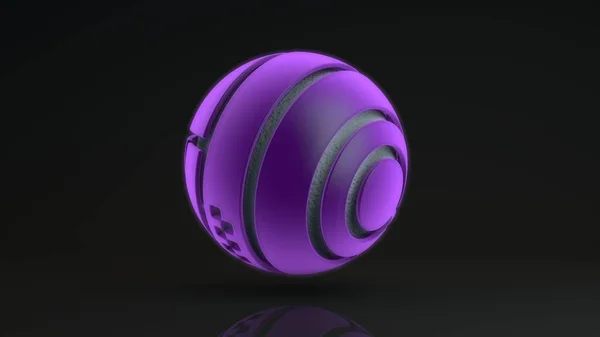 3d weergave van een grote paarse bol bestaande uit vele segmenten. In de gloeiende bol zit een metalen kogel met een golfoppervlak, een vloeistof. Elementen van futuristisch ontwerp, geometrische abstractie. — Stockfoto