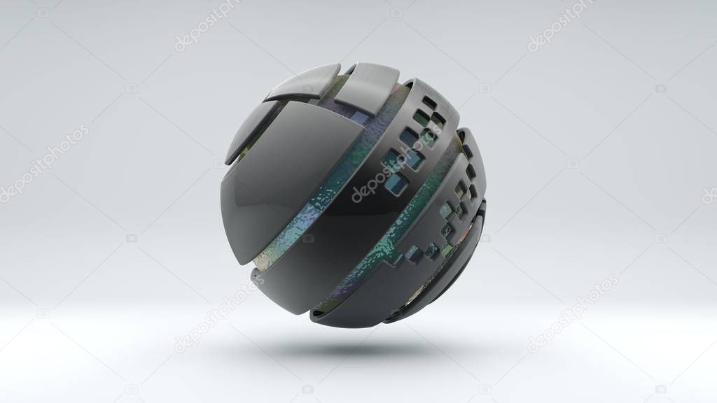 3D rendering of a large metal sphere consisting of many segments. Inside the sphere is a large transparent ball with an iridescent surface, liquid. Element of futuristic design, geometric abstraction.