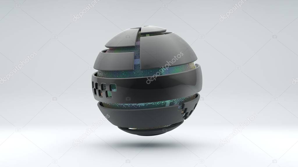 3D rendering of a large metal sphere consisting of many segments. Inside the sphere is a large transparent ball with an iridescent surface, liquid. Element of futuristic design, geometric abstraction.