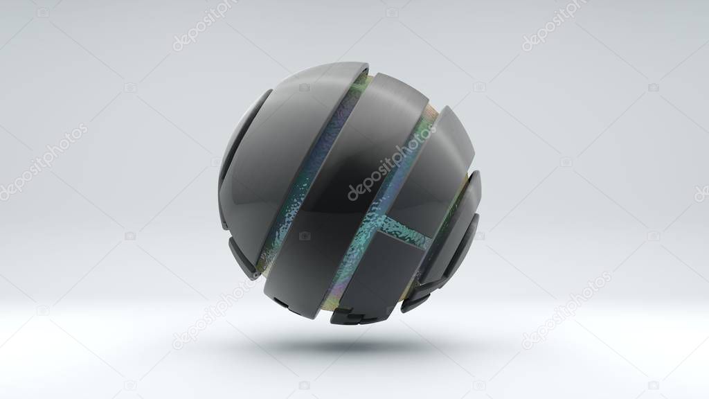 3D rendering of a large metal sphere consisting of many segments. Inside the sphere is a large transparent ball with an iridescent surface, liquid. Element of futuristic design, geometric abstraction.