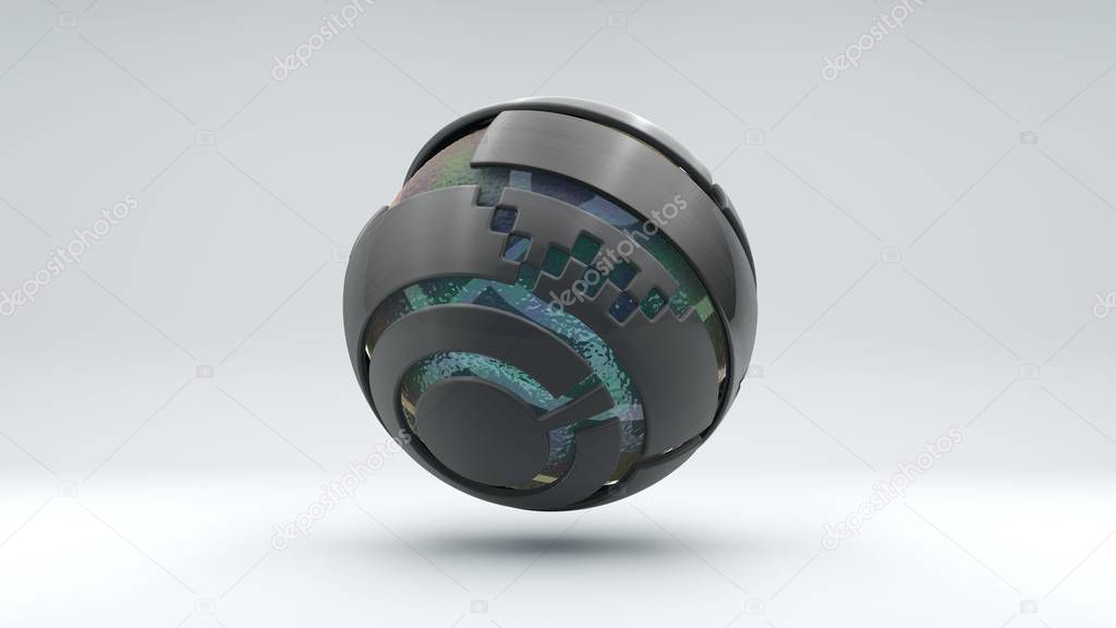 3D rendering of a large metal sphere consisting of many segments. Inside the sphere is a large transparent ball with an iridescent surface, liquid. Element of futuristic design, geometric abstraction.