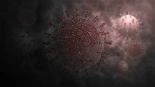 3D rendering of a red medical background with covind-19 coronavirus bacteria. Illustration for medical and informational banners, screensavers. The idea of a worldwide threat to humanity.