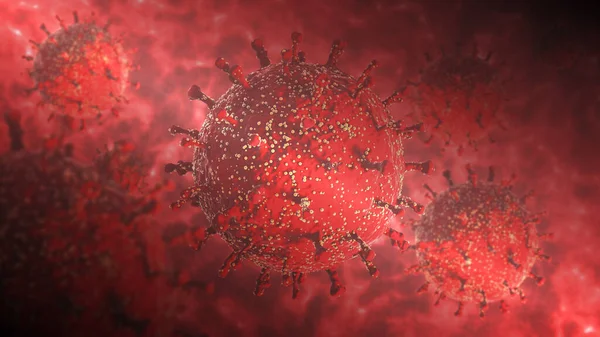 3D rendering of a red medical background with covind-19 coronavirus bacteria. Illustration for medical and informational banners, screensavers. The idea of a worldwide threat to humanity.