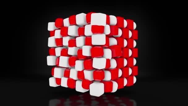 Анимация Набора Белых Шаров Красных Кубиков Расположенных Порядке Форме Куба — стоковое видео