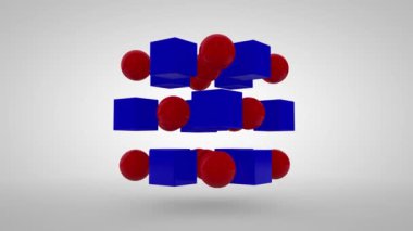 Küre şeklinde dizilmiş kürelerin ve küplerin 3 boyutlu animasyonu. Küreler ve küpler şekil ve renk değiştirir. Karşılıklı hareket ve titreme. 4K soyut canlandırma.