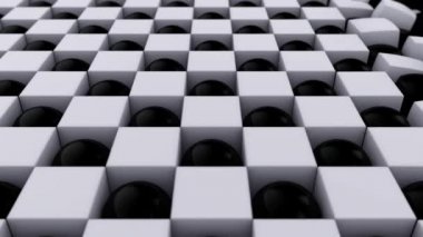 Birçok geometrik şekilli siyah beyaz arka planın 3 boyutlu animasyonu. Küpler ve küreler sendeliyor, hareket ediyor, dönüyor ve şekil değiştiriyor. Soyut arkaplan, 4K canlandırma.