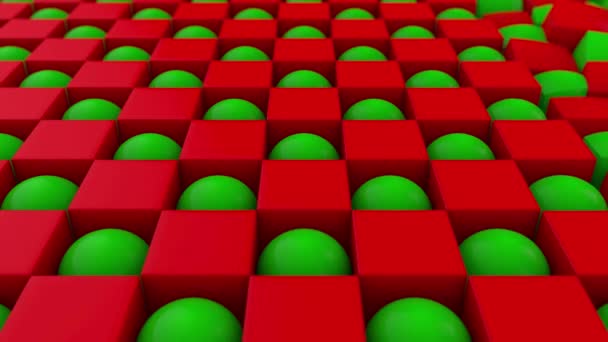 具有几何背景的3D动画 立方体和球体交错在一起 红色和绿色 更改和恢复表单 4K背景摘要 — 图库视频影像
