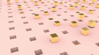 Pembe bir yüzeyin 3 boyutlu animasyonu, içinden altın küplerin fırlayıp toplara dönüştüğü kare delikler. Soyut arkaplan.