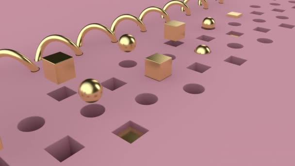 3D动画的粉色表面与正方形和圆形孔和一个金色螺旋 洞里藏着弹出的金球和方块 以及不断变化的形状 — 图库视频影像