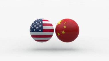 ABD ve Çin 'in bayraklarıyla iki kürenin çarpışmasının 3 boyutlu animasyonu. İki süper güç ve daha sonraki ekonomik çöküş arasında bir çatışma fikri.