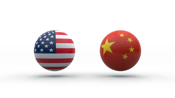 Рендеринг Двух Сфер Текстурой Флагов Китая Сша Идея Конфронтации Америки — стоковое фото