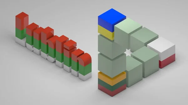 3D rendering of an impossible triangle with cubes with the flags of Poland, Ukraine and Lithuania and the text Lublin at the base. The idea of creating a political European bloc is the Lublin triangle