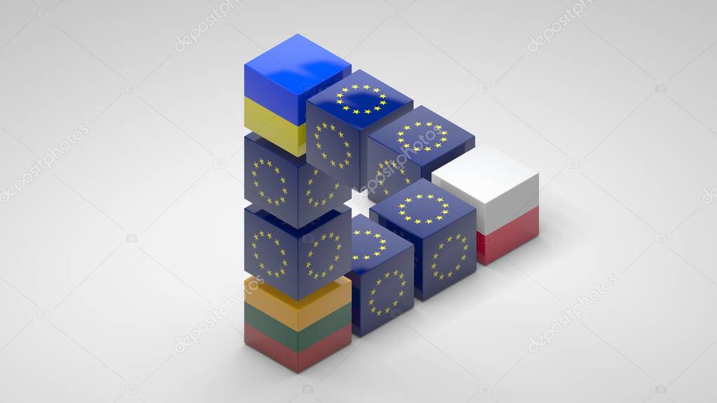 3D rendering of an impossible triangle of their cubes with different textures. Part of the cubes with the texture of the EU flag, corner cubes with the texture of the flags of the Lublin triangle.