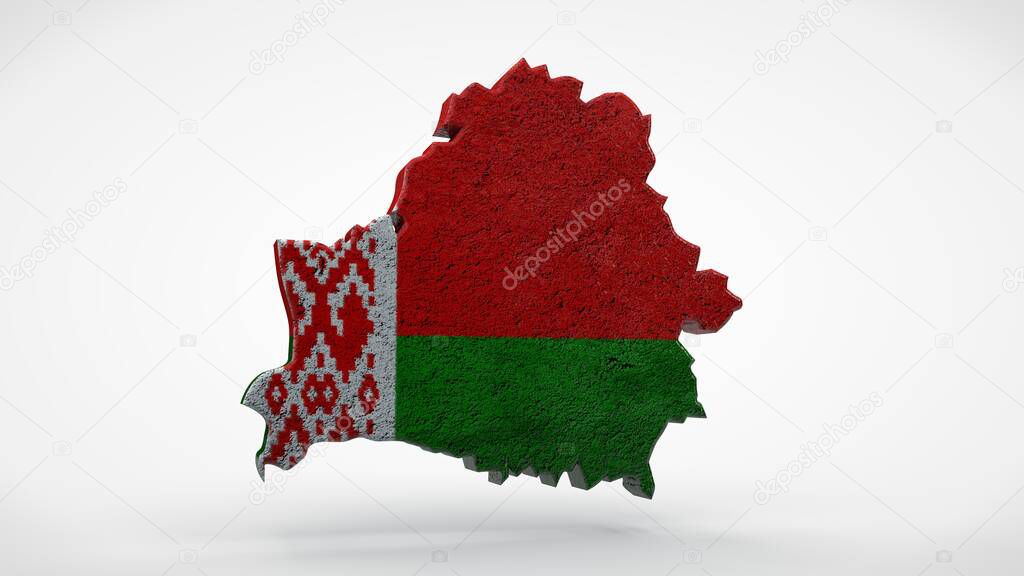 3D rendering of the map of Belarus with the flag texture. Texture with scratches and chips. The idea of the internal political crisis of 2020 in the country and its consequences.