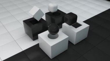 Küp ve topların siyah ve beyaz geometrik arkaplanının 3 boyutlu animasyonu tekrar küpe dönüşür ve saklanır.