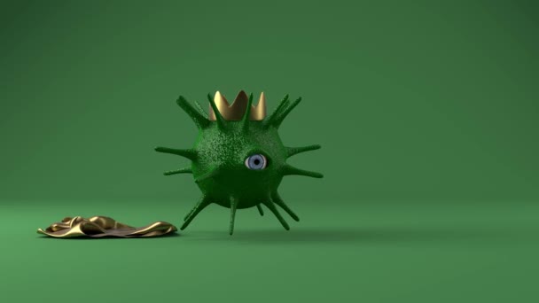 黄金の冠と2021年の新年の黄金の数を持つ緑の片目のコロナウイルスの3Dアニメーション コロナウイルスの年のアイデア 新年のアニメーションビデオのためのバナー — ストック動画