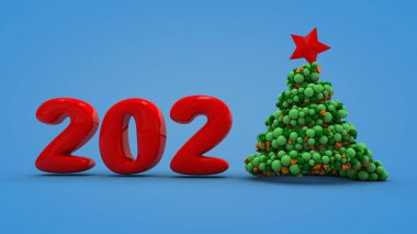 Yeni yıl tarihi olan 2021 'in 3 boyutlu çizimi üzerinde bir yerine Noel ağacı sembolü olan mavi bir arkaplan. Noel ekran koruyucu, soyut arkaplan görüntüsü. Noel kartları için resim.